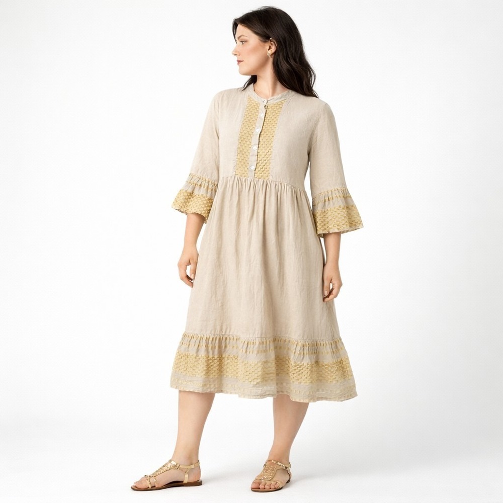 Haris Cotton Linen Dress Tan Gold Ruffles Midi Coastal Boho Resort Women's Sz L‎